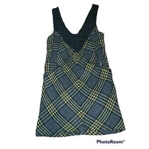 FREE PEOPLE Sleeveless Sweater Dress Tunic Plaid Size 8 Gray Black Yellow Boho